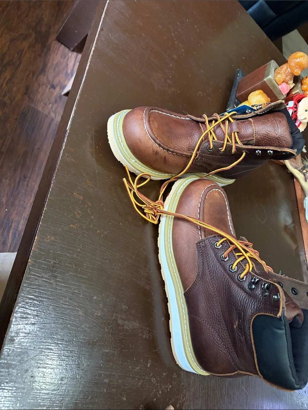 Men's Brown Leather Work Boots with Cream Sole size 8